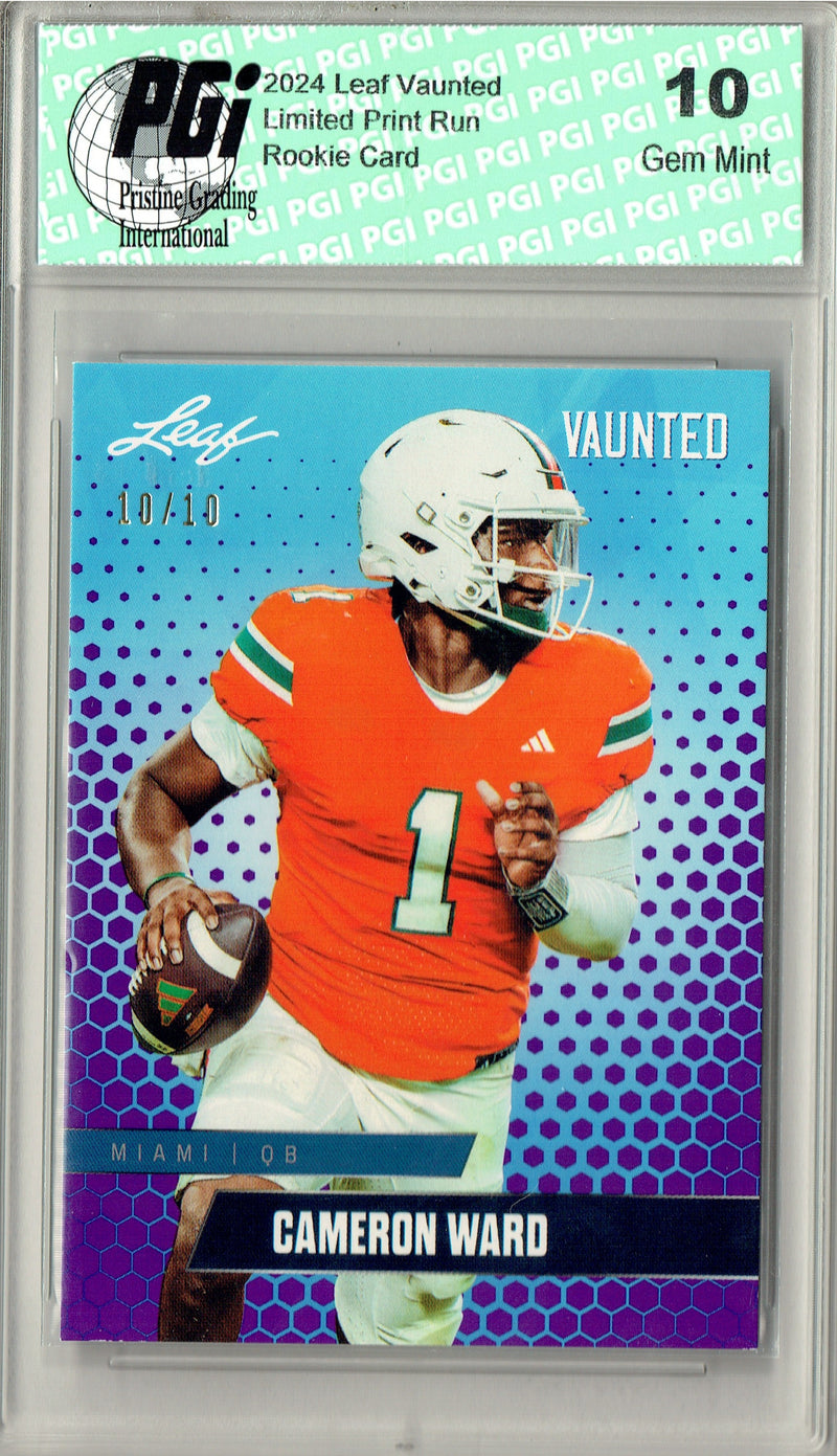 Cam Ward Rookie Card Tennessee PGI 10 Gem Mint Football Trading Card 2024 Leaf Vaunted #V-02 Purple SP 10 Made