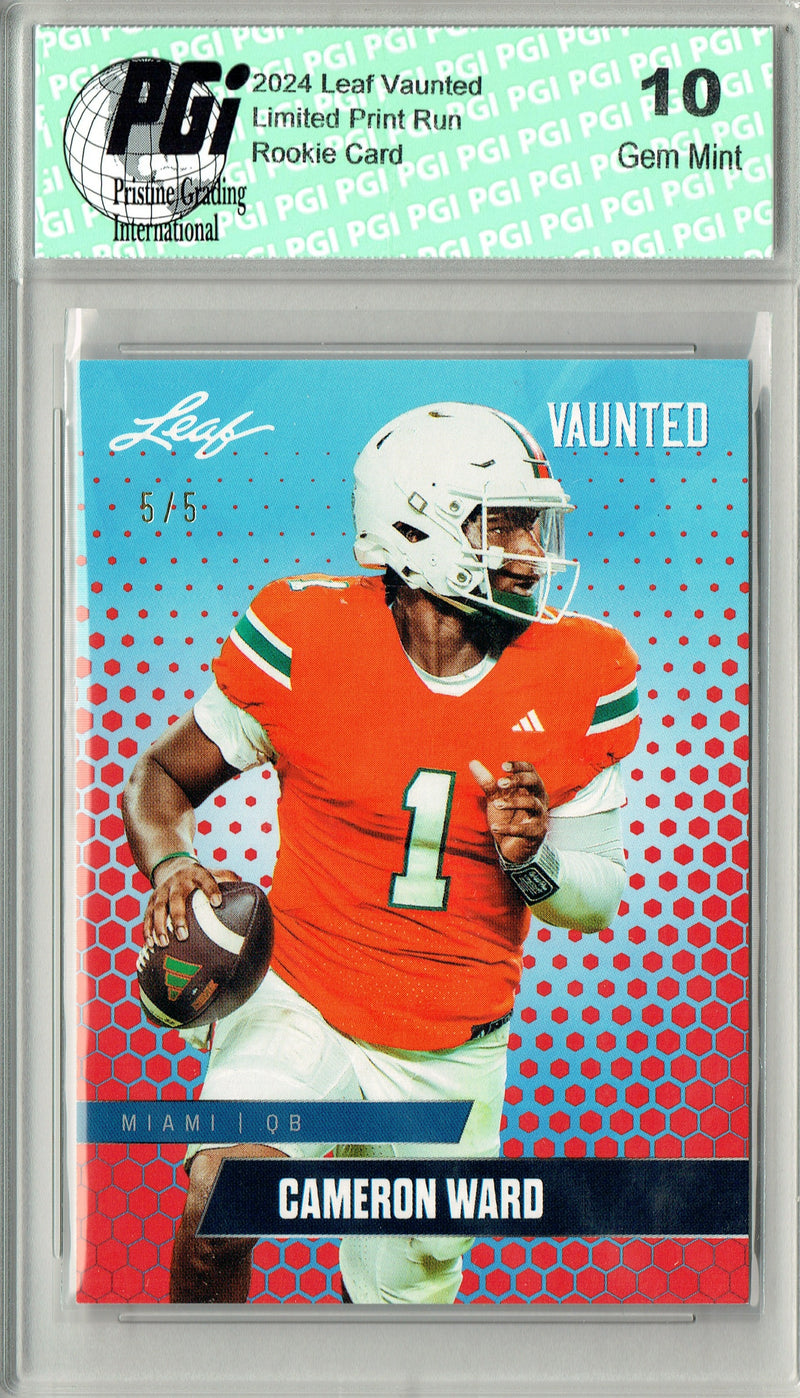 Cam Ward Rookie Card Tennessee PGI 10 Gem Mint Football Trading Card 2024 Leaf Vaunted #V-02 Red SP 5 Made