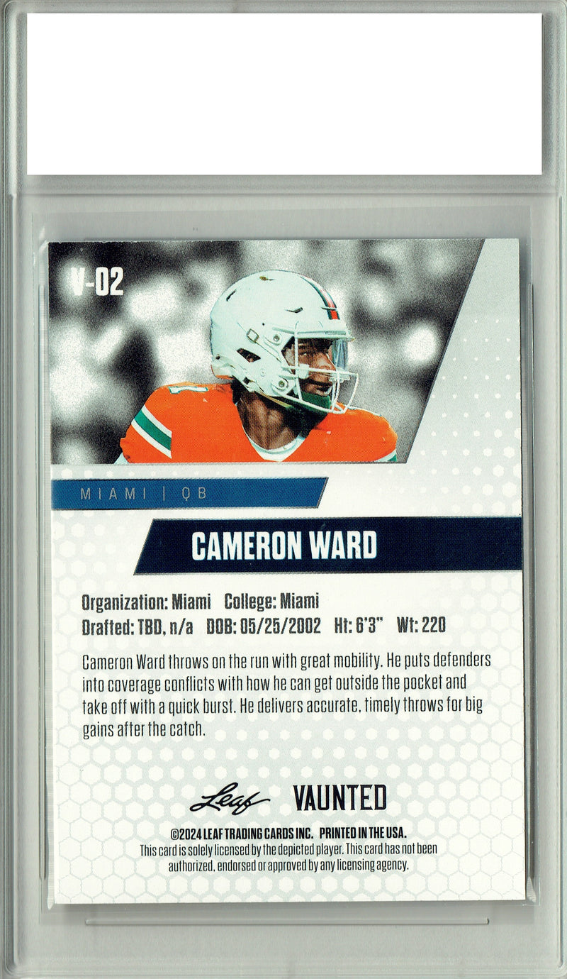 Cam Ward Rookie Card Tennessee PGI 10 Gem Mint Football Trading Card 2024 Leaf Vaunted #V-02 Purple SP 10 Made
