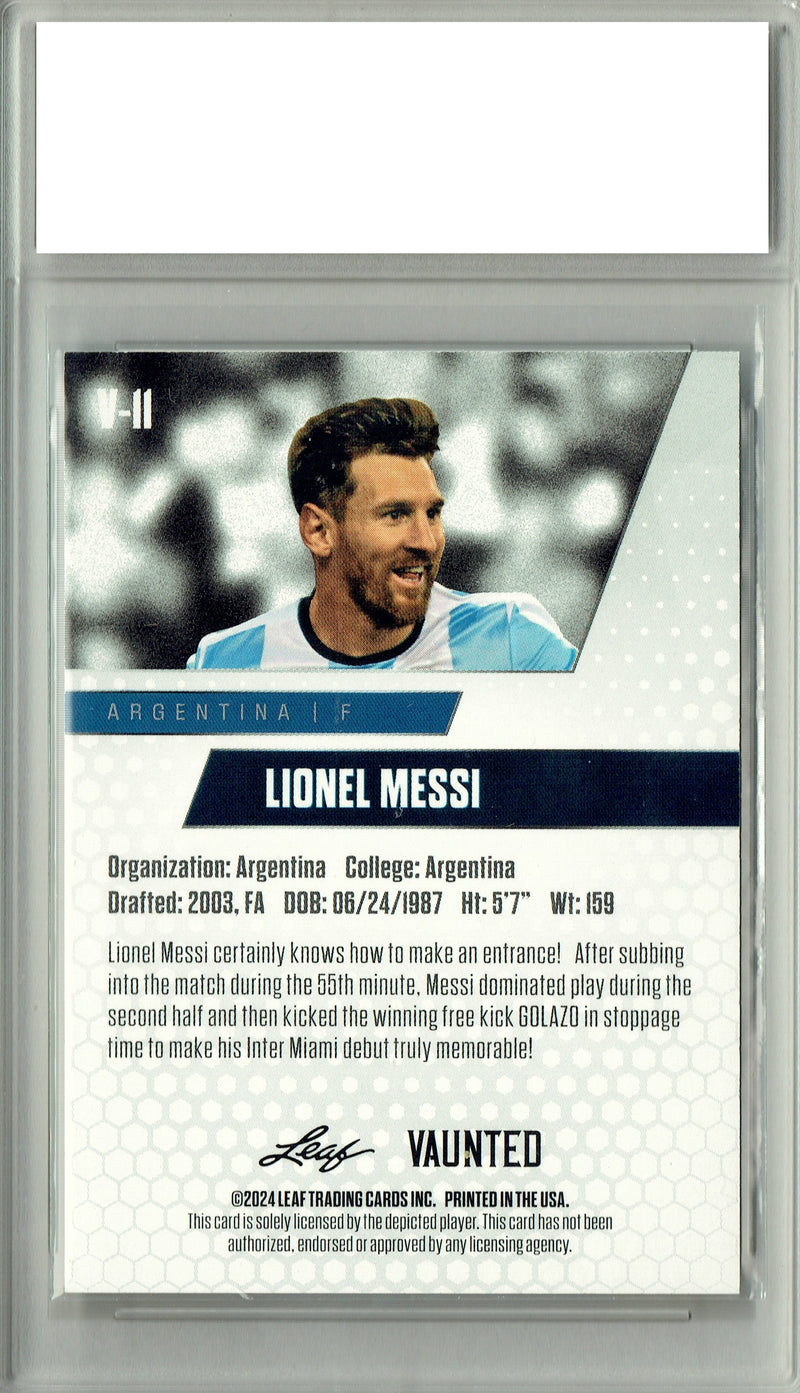 Lionel Messi 2024 Leaf Vaunted #V-11 Gold SP 25 Made Rare Card Debut Year PGI 10