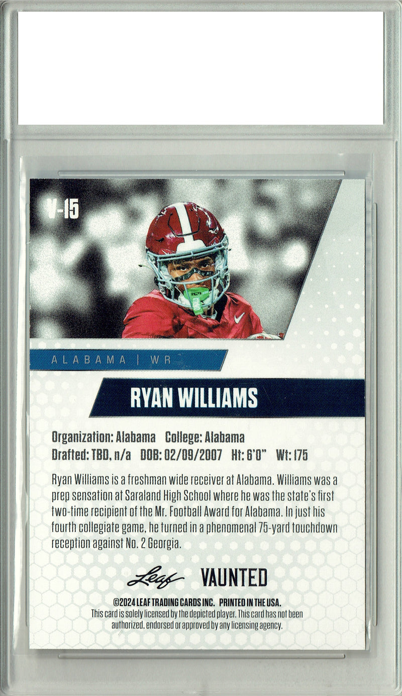 Ryan Williams Rookie Card Alabama PGI 10 Gem Mint Football Trading Card 2024 Leaf Vaunted #V-15 Gold SP 25 Made