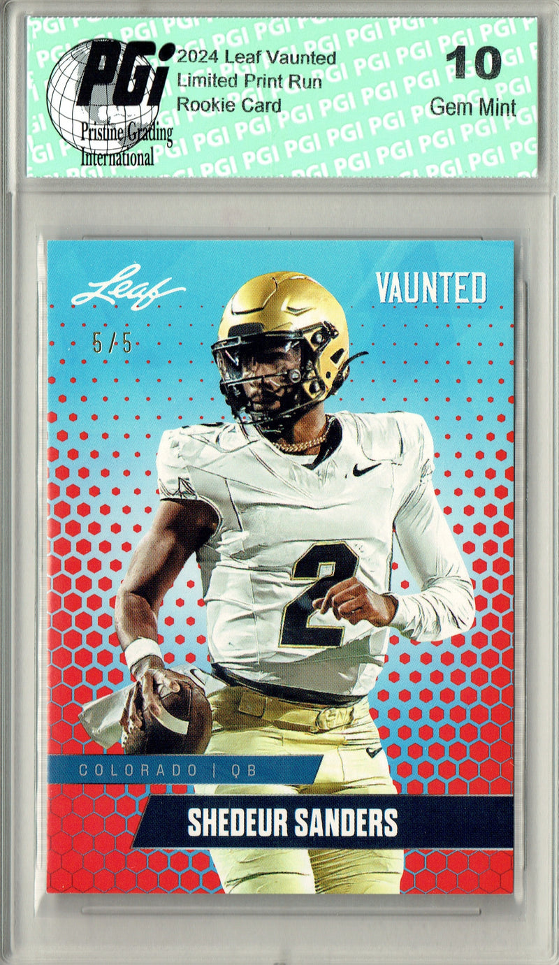Shedeur Sanders Rookie Card Cleveland PGI 10 Gem Mint Football Trading Card 2024 Leaf Vaunted #V-16 Red SP 5 Made