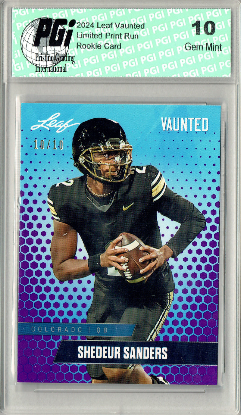 Shedeur Sanders Rookie Card Cleveland PGI 10 Gem Mint Football Trading Card 2024 Leaf Vaunted #V-17 Purple SP 10 Made