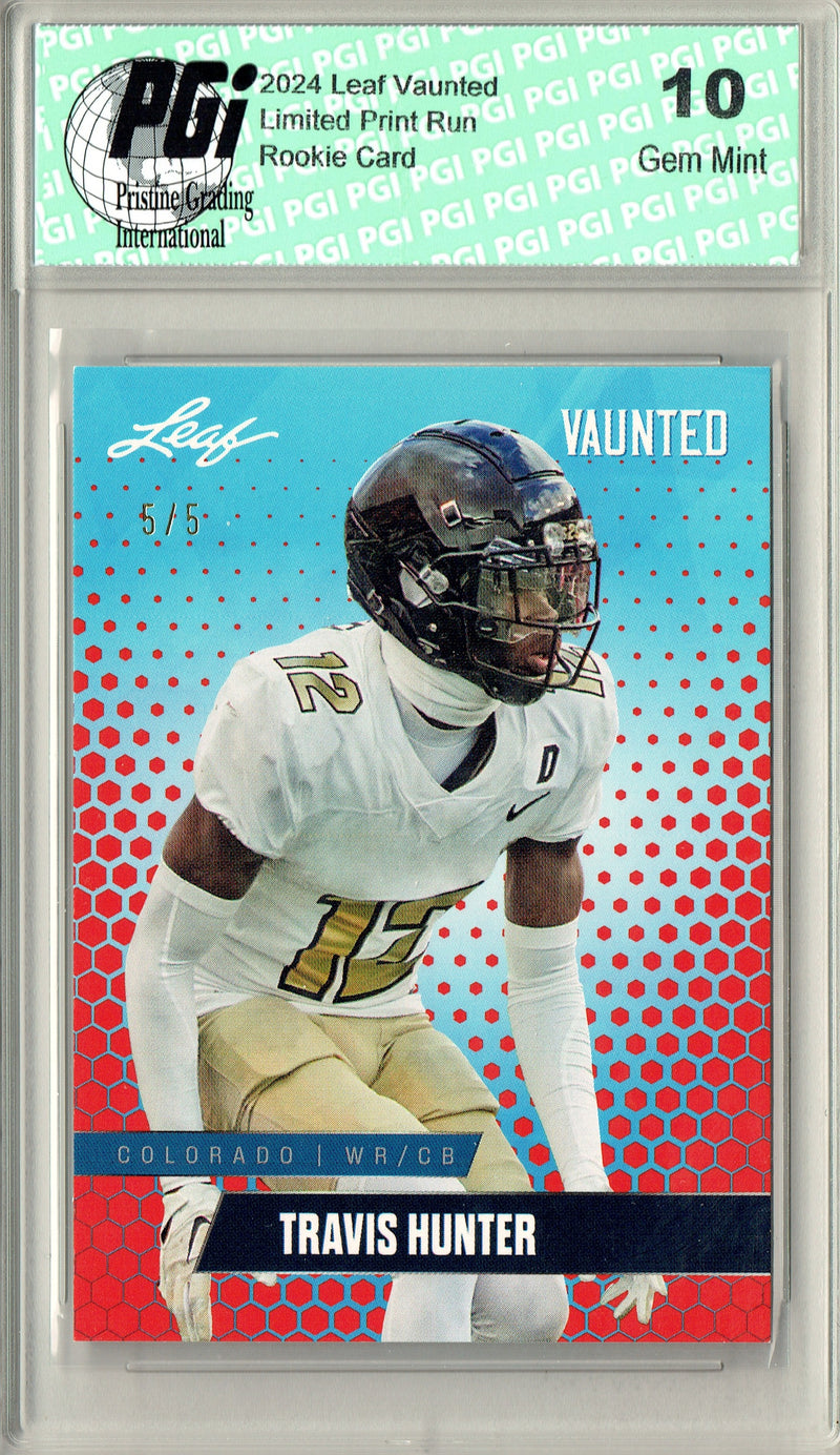 Travis Hunter Rookie Card Jacksonville PGI 10 Gem Mint Football Trading Card 2024 Leaf Vaunted #V-19 Red SP 5 Made