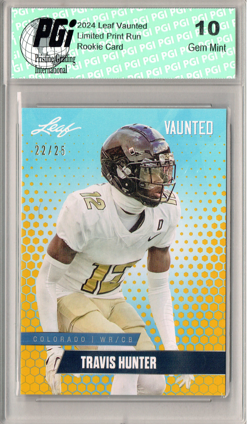 Travis Hunter Rookie Card Jacksonville PGI 10 Gem Mint Football Trading Card 2024 Leaf Vaunted #V-19 Gold SP 25 Made