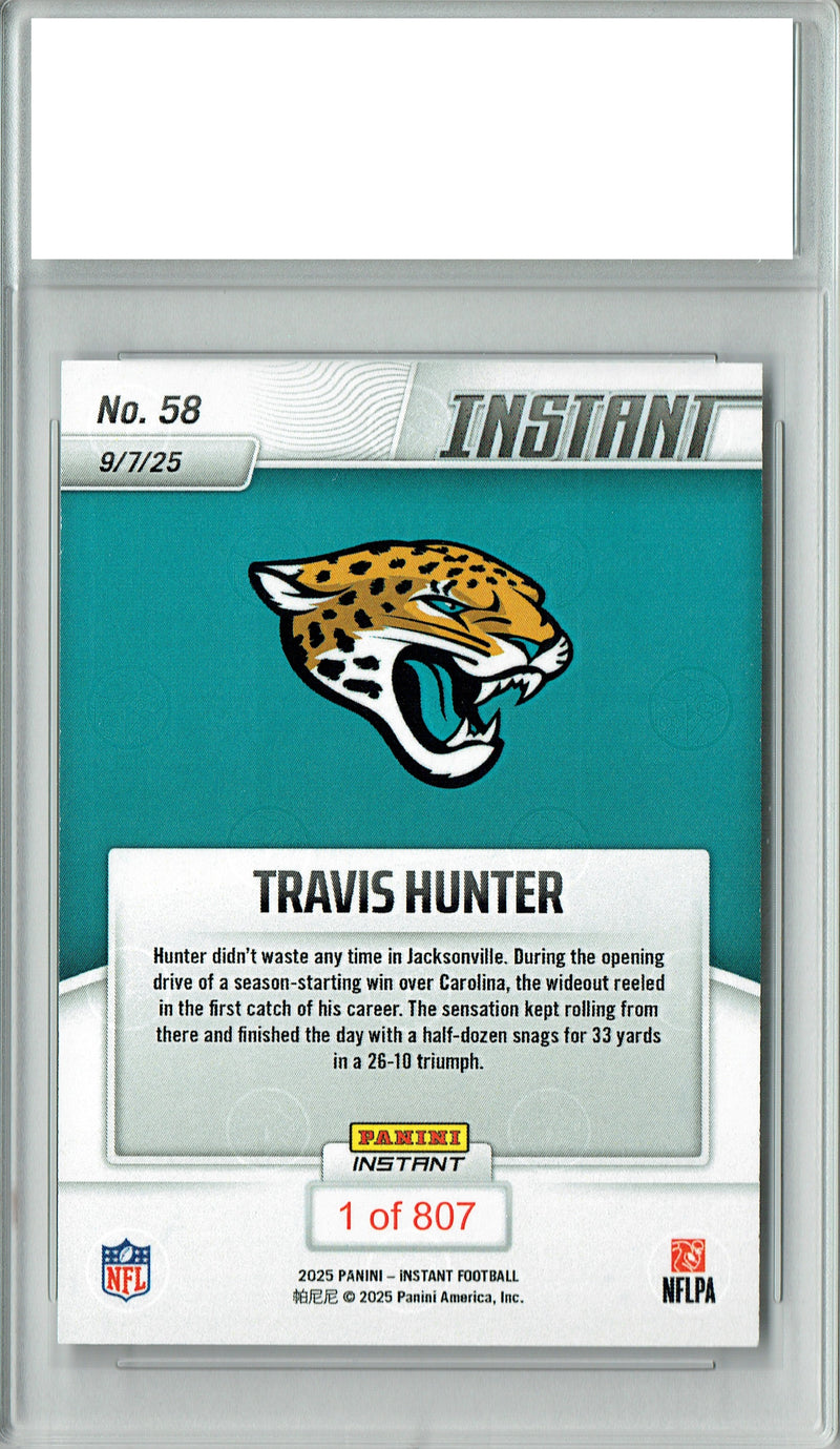 Travis Hunter 2025 Panini Instant #58 1st Catch 807 Made Rookie Card PGI 10 Jacksonville Jaguars