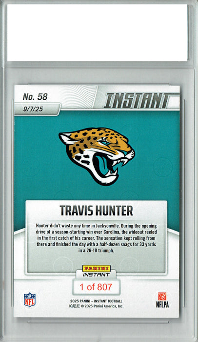 Certified Mint+ Travis Hunter 2025 Panini Instant #58 1st Catch 807 Made Rookie Card Jacksonville Jaguars