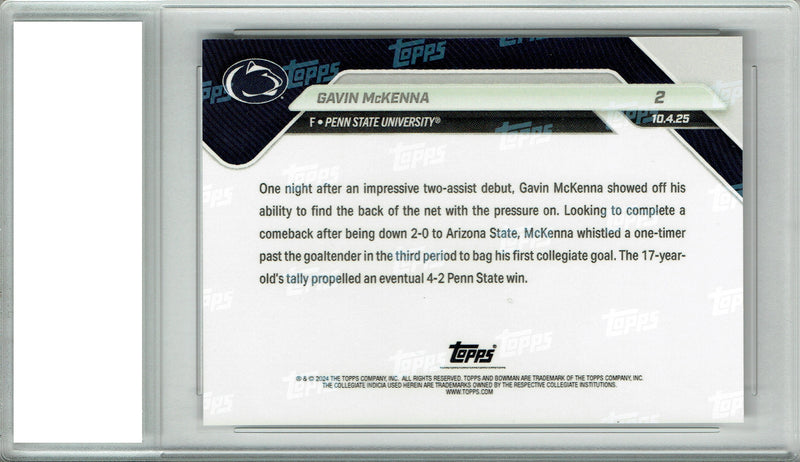 Gavin McKenna 2025 Bowman University Now #2 1st College Goal Rookie Card PGI 10 Penn State