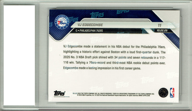 V.J. Edgecombe 2025 Topps Now #77 NBA Debut Rookie Card PGI 10