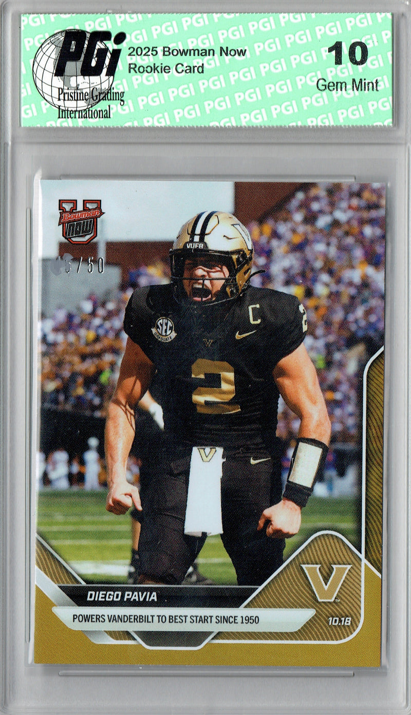 Diego Pavia 2025 Bowman University Now #31 Gold Foil SP 50 Made Rookie Card PGI 10