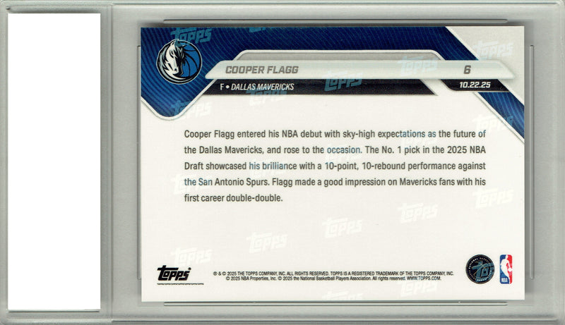 Cooper Flagg 2025 Topps Now #6 Makes NBA Debut Rookie Card PGI 10