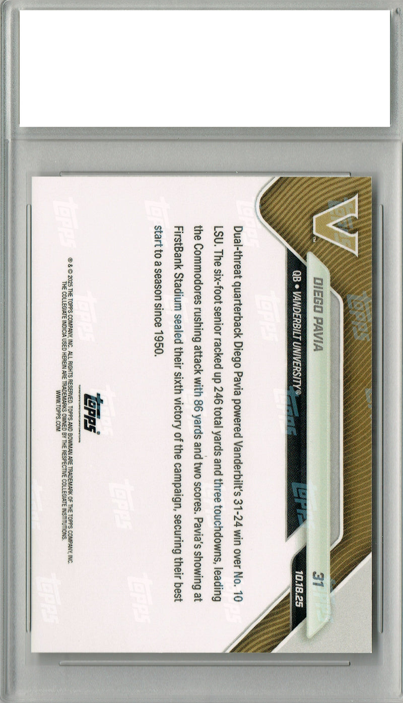 Diego Pavia 2025 Bowman University Now #31 Gold Foil SP 50 Made Rookie Card PGI 10
