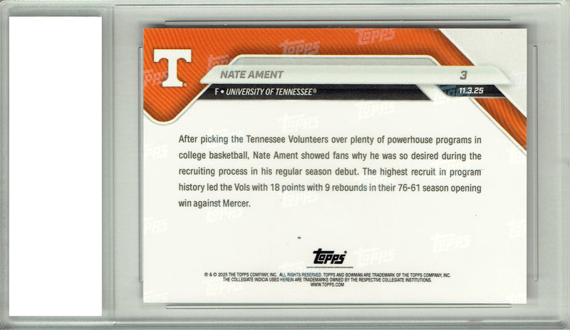 Certified Mint+ Nate Ament 2025 Bowman University Now #3 Shines in Debut Rookie Card Tennessee Volunteers