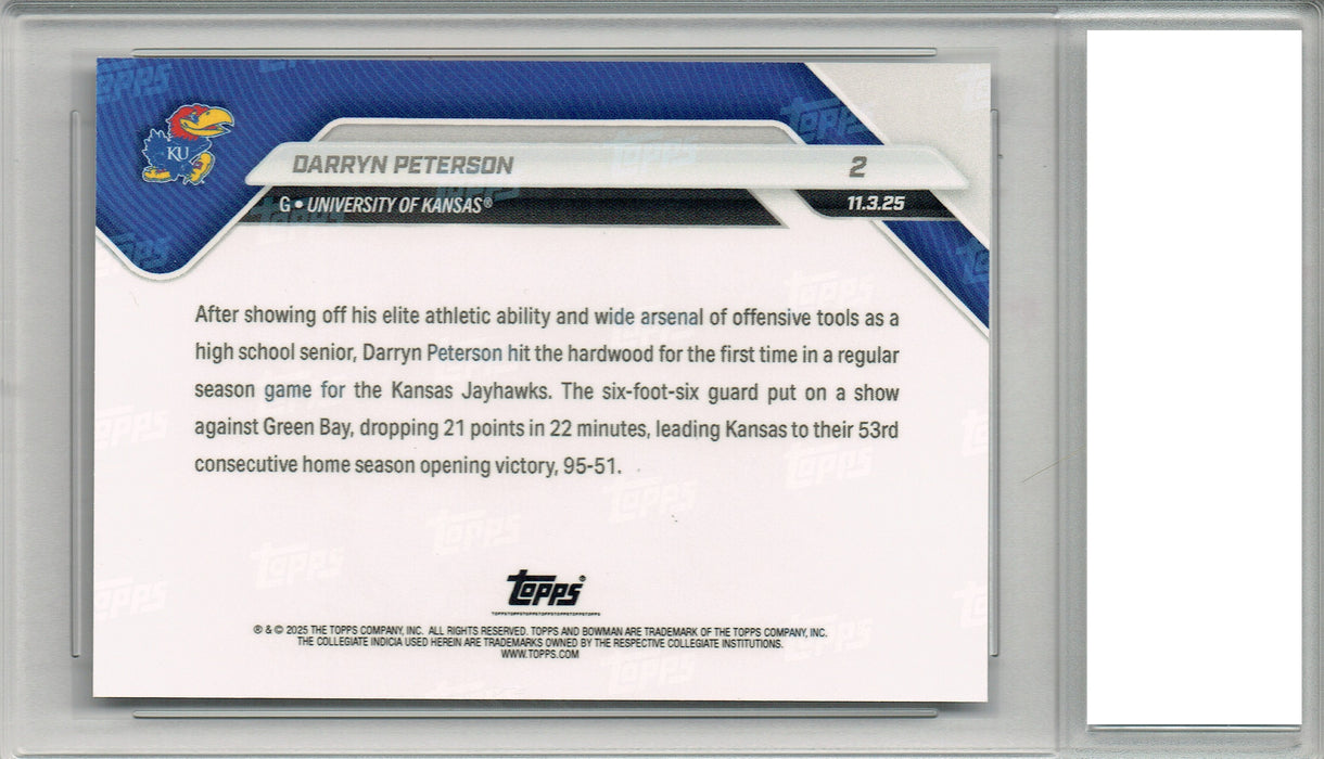 Certified Mint+ Darryn Peterson 2025 Bowman University Now #2 Jayhawks Debut Rookie Card Kansas Jayhawks
