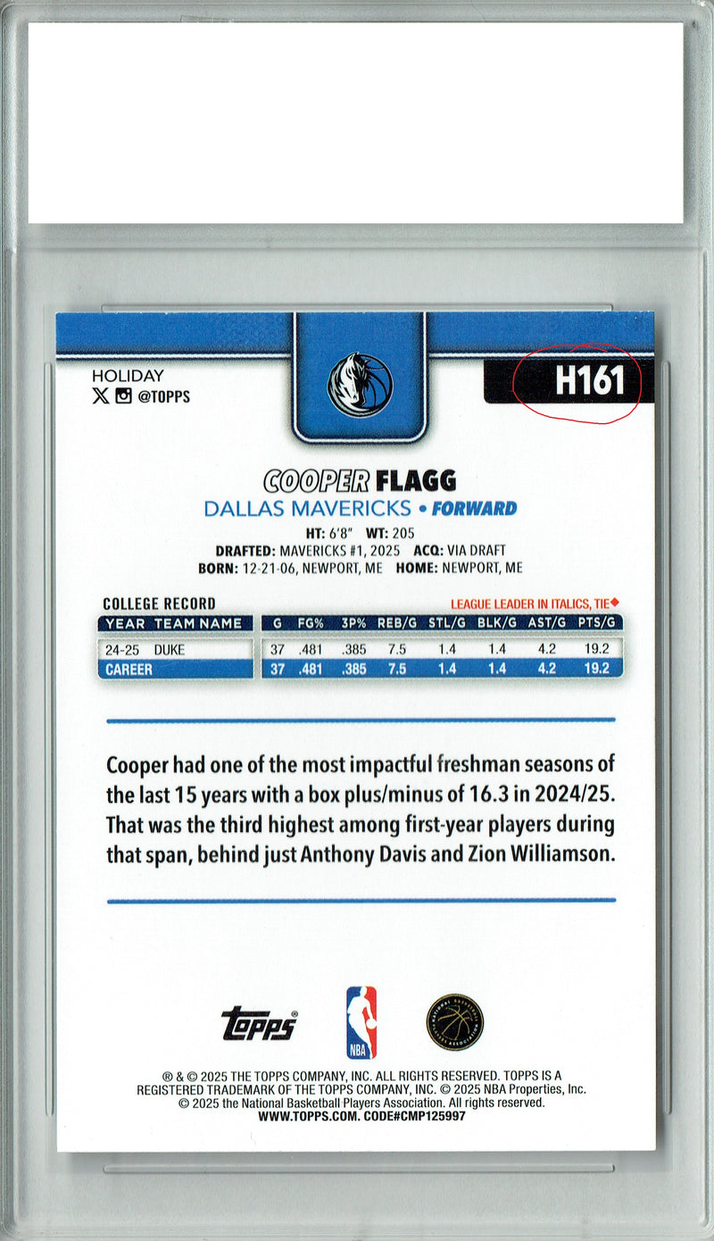Cooper Flagg 2025 Topps #H161 Holiday SP Rookie Card PGI 10