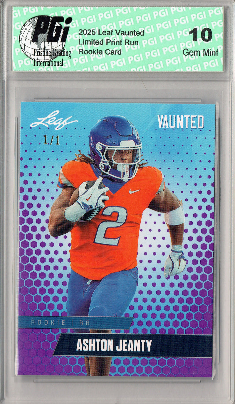 Ashton Jeanty Rookie Card Boise St / Las Vegas PGI 10 Football Trading Card 2025 Leaf Vaunted #V-01 Purple Blank Back 1/1