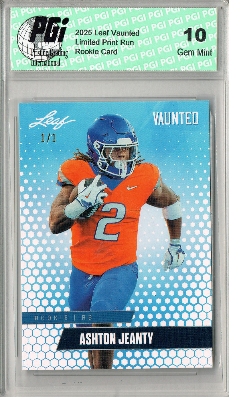 Ashton Jeanty Rookie Card Boise St / Las Vegas PGI 10 Football Trading Card 2025 Leaf Vaunted #V-01 White Blank Back 1/1