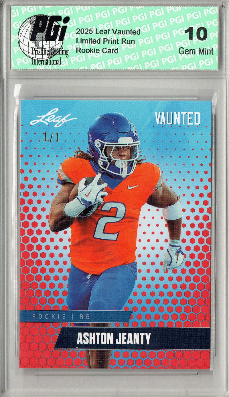 Ashton Jeanty Rookie Card Boise St / Las Vegas PGI 10 Football Trading Card 2025 Leaf Vaunted #V-01 Red Blank Back 1/1