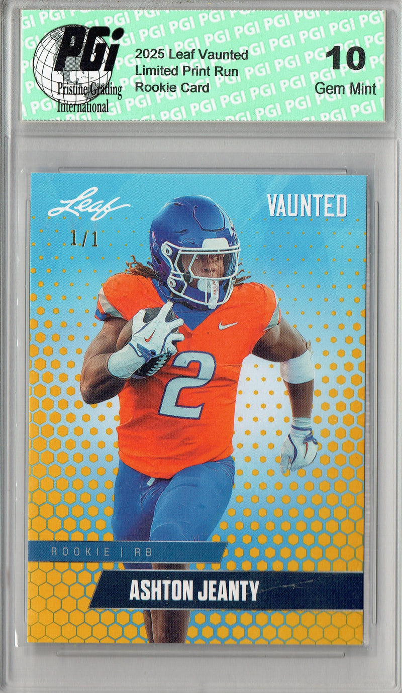 Ashton Jeanty Rookie Card Boise St / Las Vegas PGI 10 Football Trading Card 2025 Leaf Vaunted #V-01 Gold Blank Back 1/1