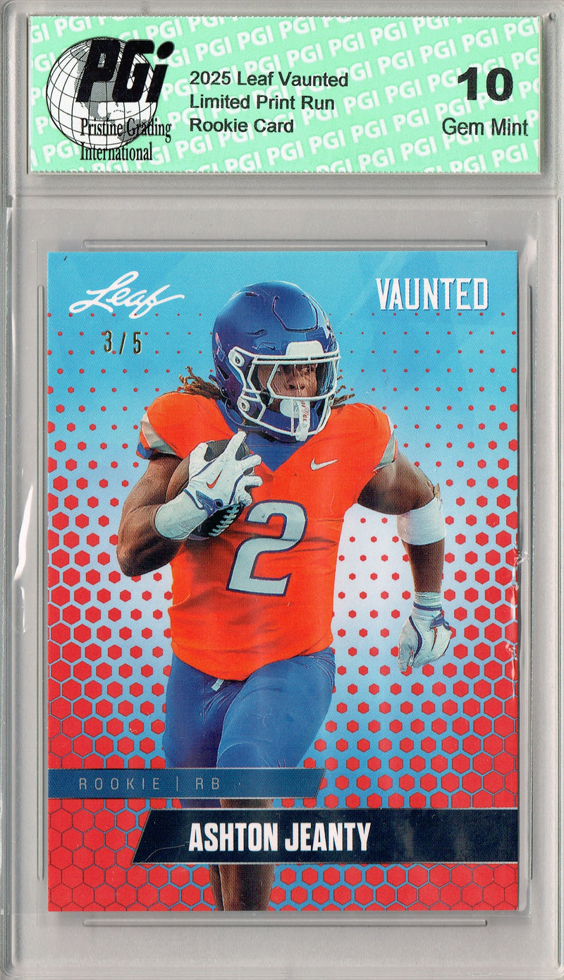Ashton Jeanty Rookie Card Boise St / Las Vegas PGI 10 Football Trading Card 2025 Leaf Vaunted #V-01 Red 5 Made