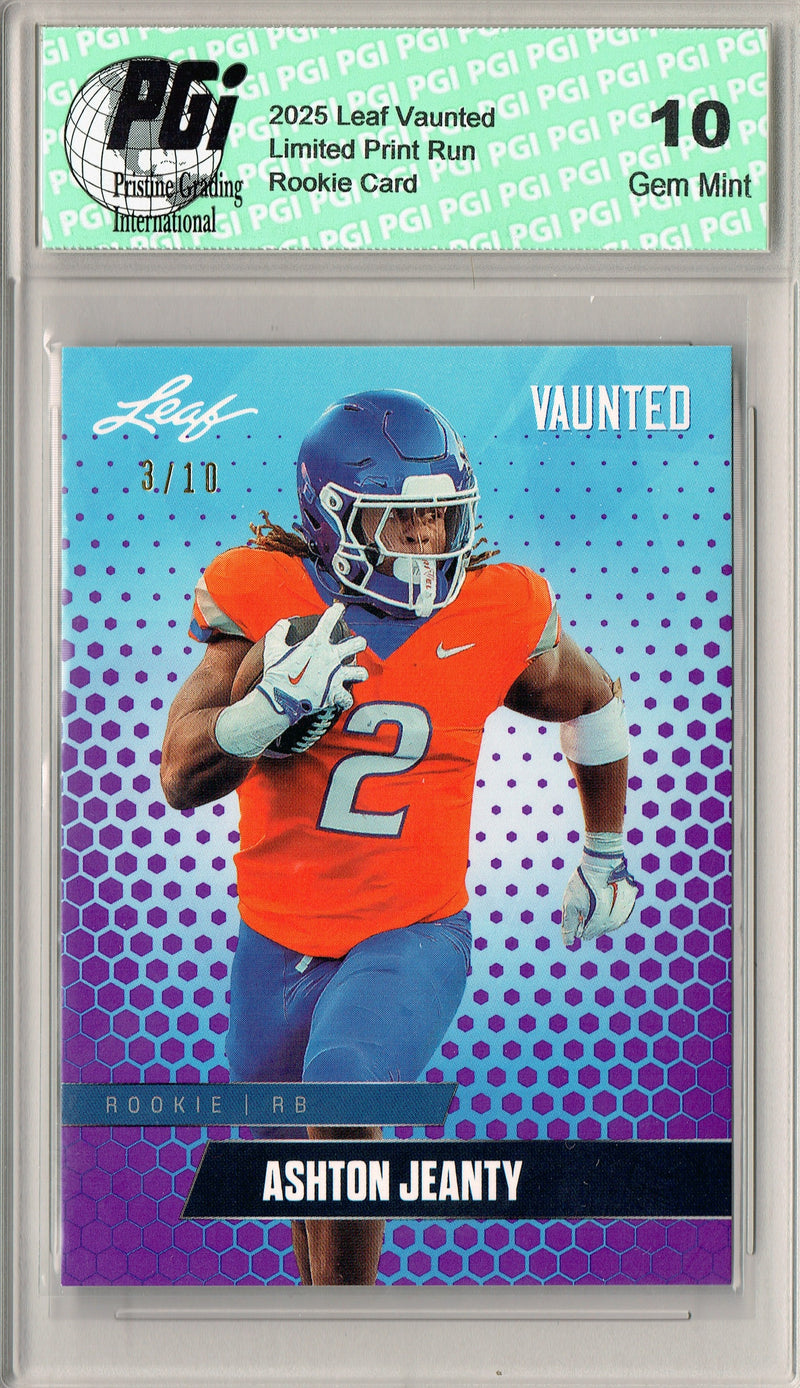 Ashton Jeanty Rookie Card Boise St / Las Vegas PGI 10 Football Trading Card 2025 Leaf Vaunted #V-01 Purple 10 Made