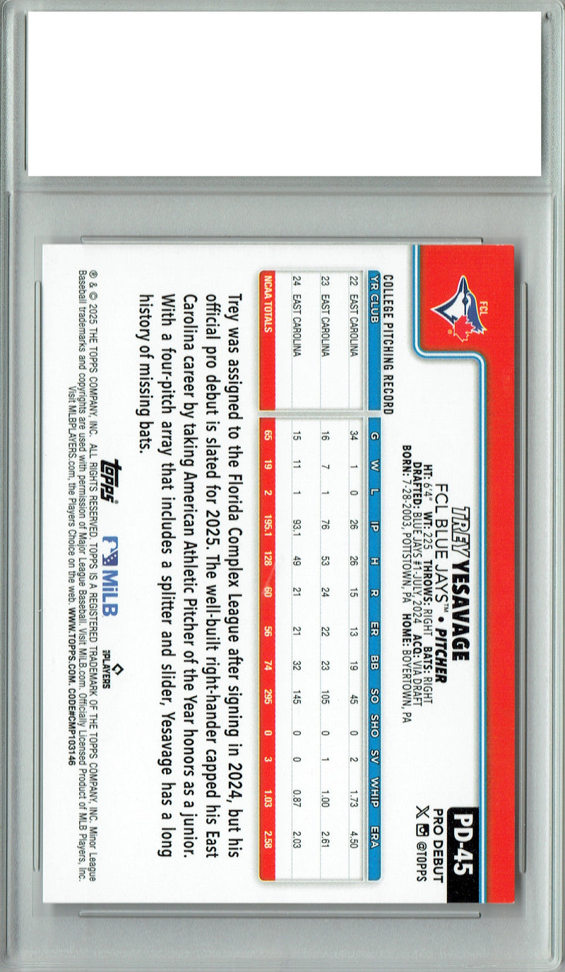 Trey Yesavage 2025 #PD-45 Pro Debut Rookie Card PGI 10