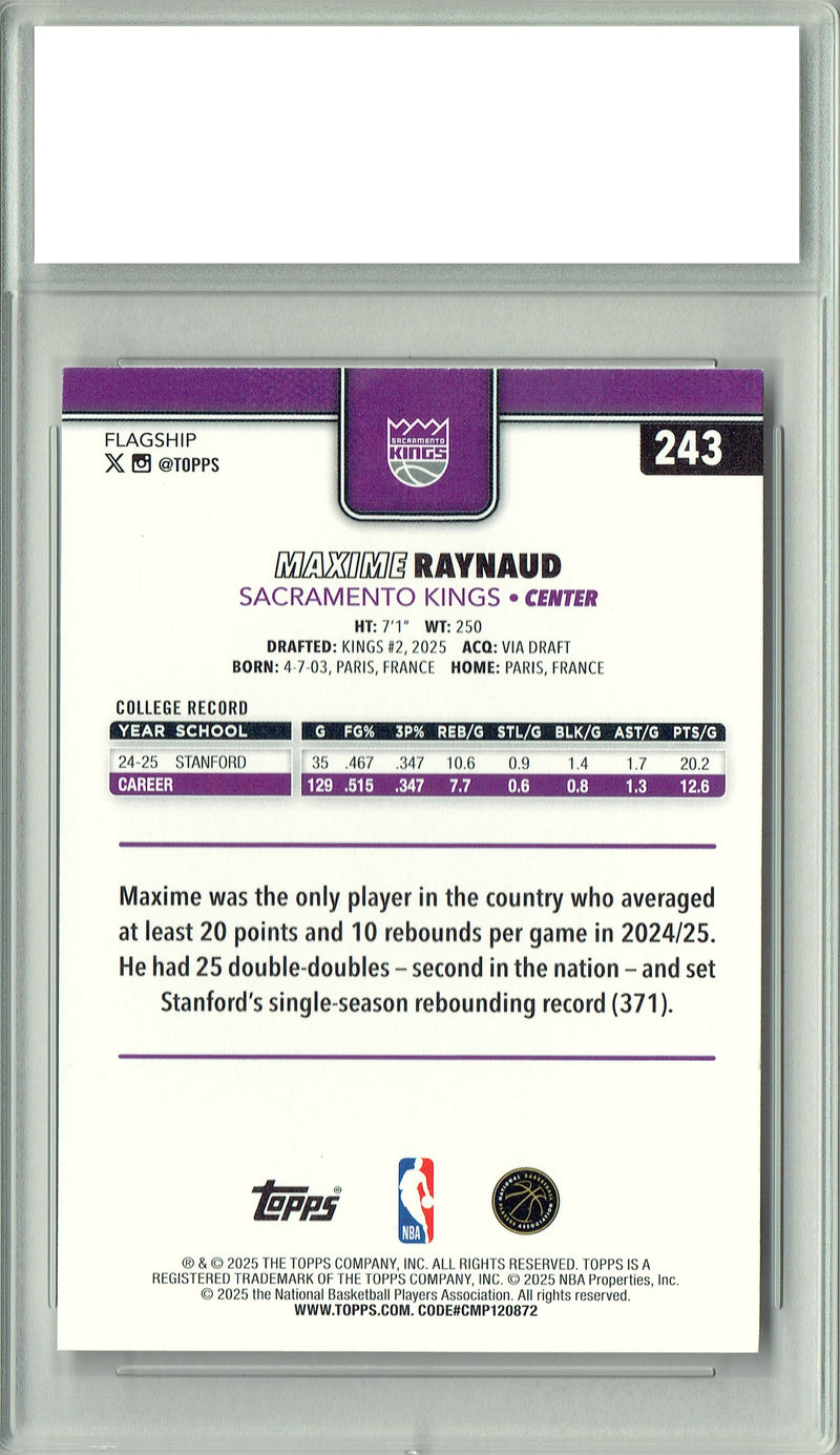 Maxime Raynaud 2025 #243 NBA Topps Basketball Rookie Card PGI 10 Sacramento Kings