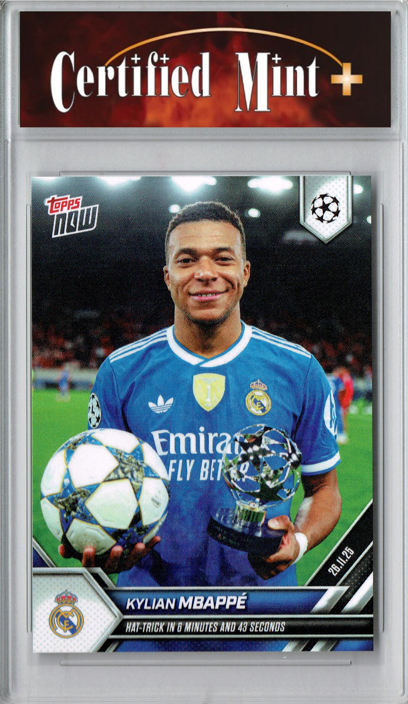 Certified Mint+ Kylian Mbappe 2025 Now #59 Hat Trick in 6 Minutes Rare Trading Card Real Madrid