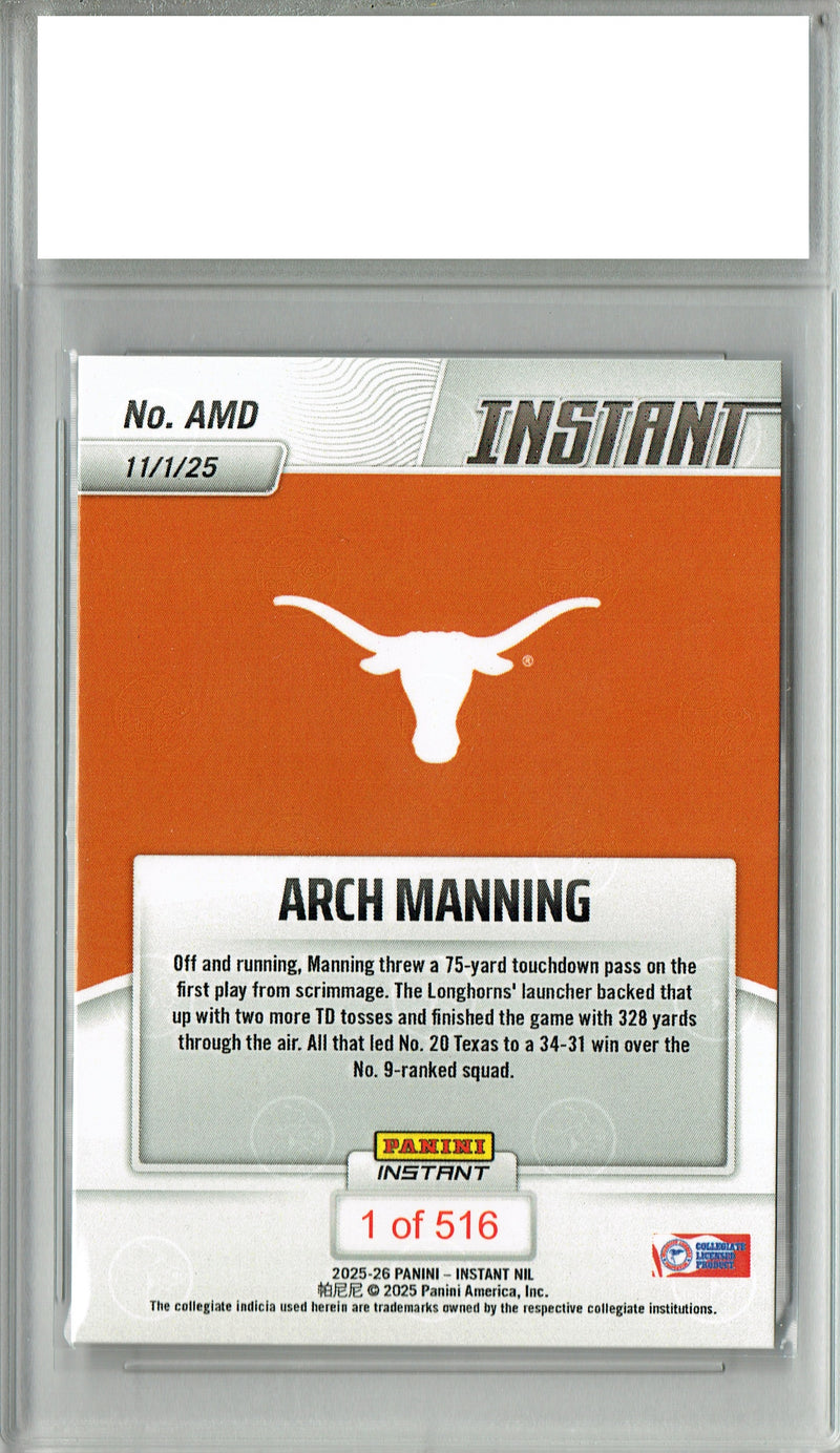 Certified Mint+ Arch Manning 2025 NIL Instant #AMD Only 516 Made Rookie Card Texas Longhorns