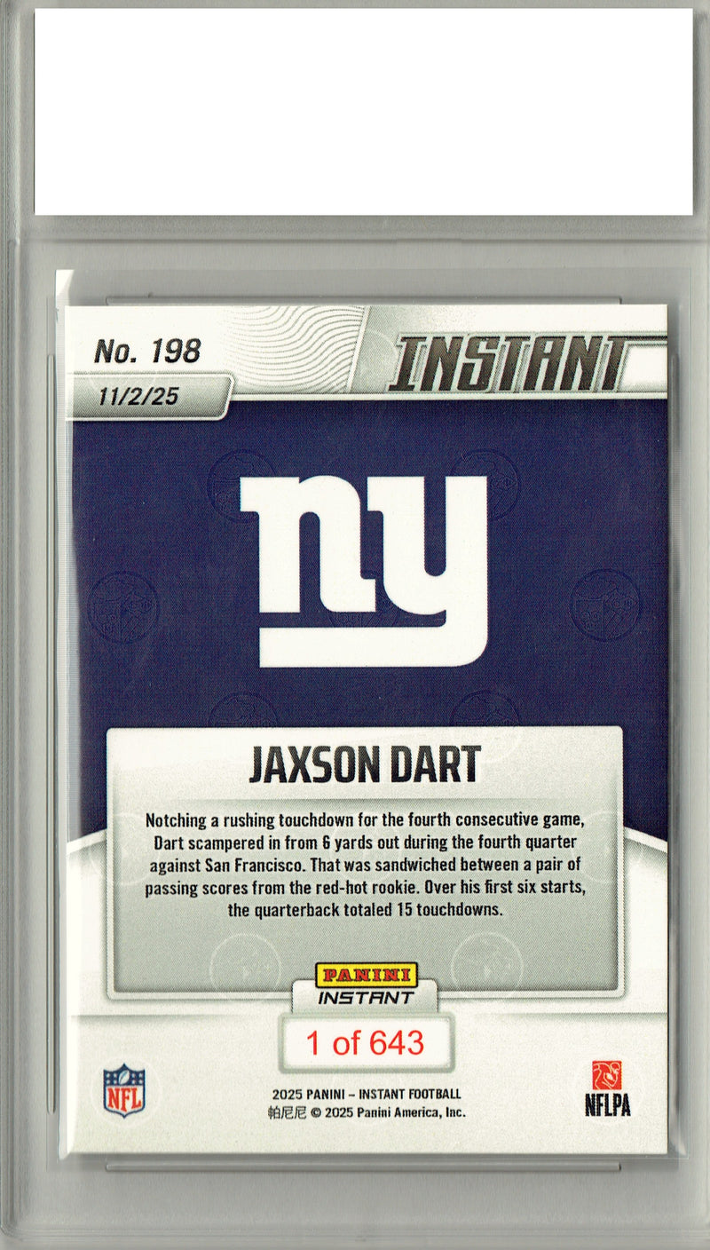 Jaxson Dart 2025 NFL Instant #198 Just 643 Made Rookie Card PGI 10