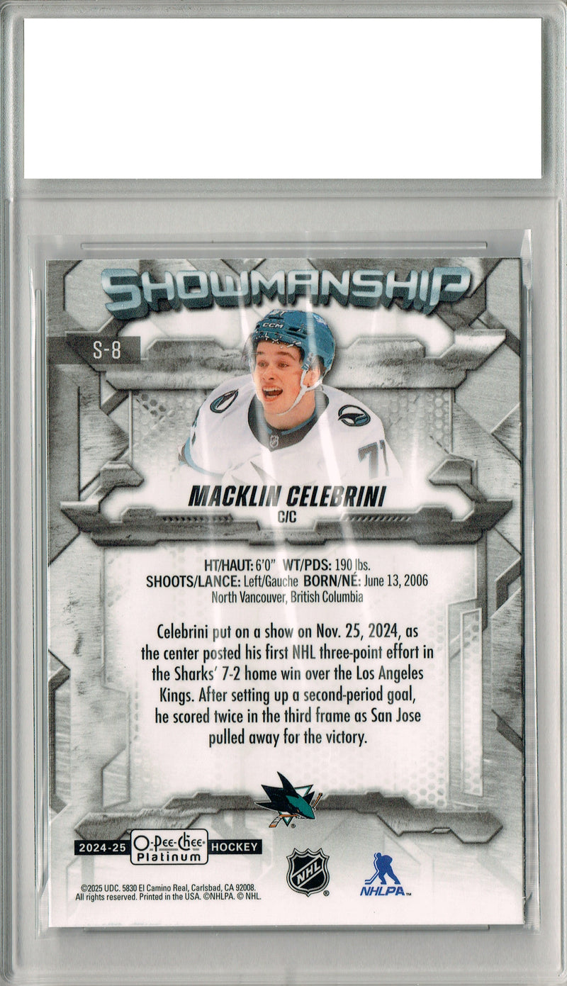 Macklin Celebrini 2024 O-Pee-Chee Platinum #S-8 Showmanship Rookie Card PGI 10
