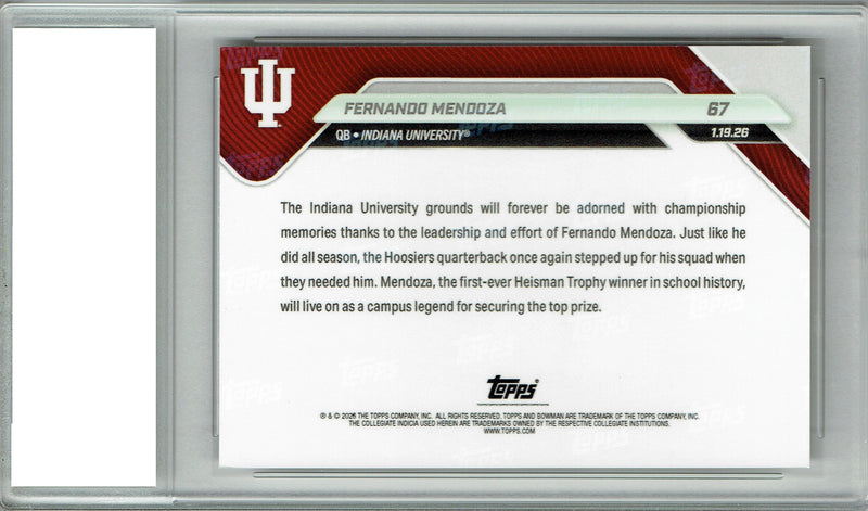 Fernando Mendoza 2026 Bowman University Now #67 Hoosiers to the Promised Land Rookie Card PGI 10