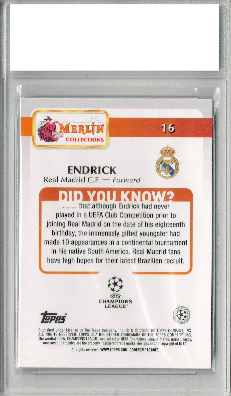 Endrick 2025 Merlin Chrome #16 Brazilian Phenom Rookie Card PGI 10 Real Madrid