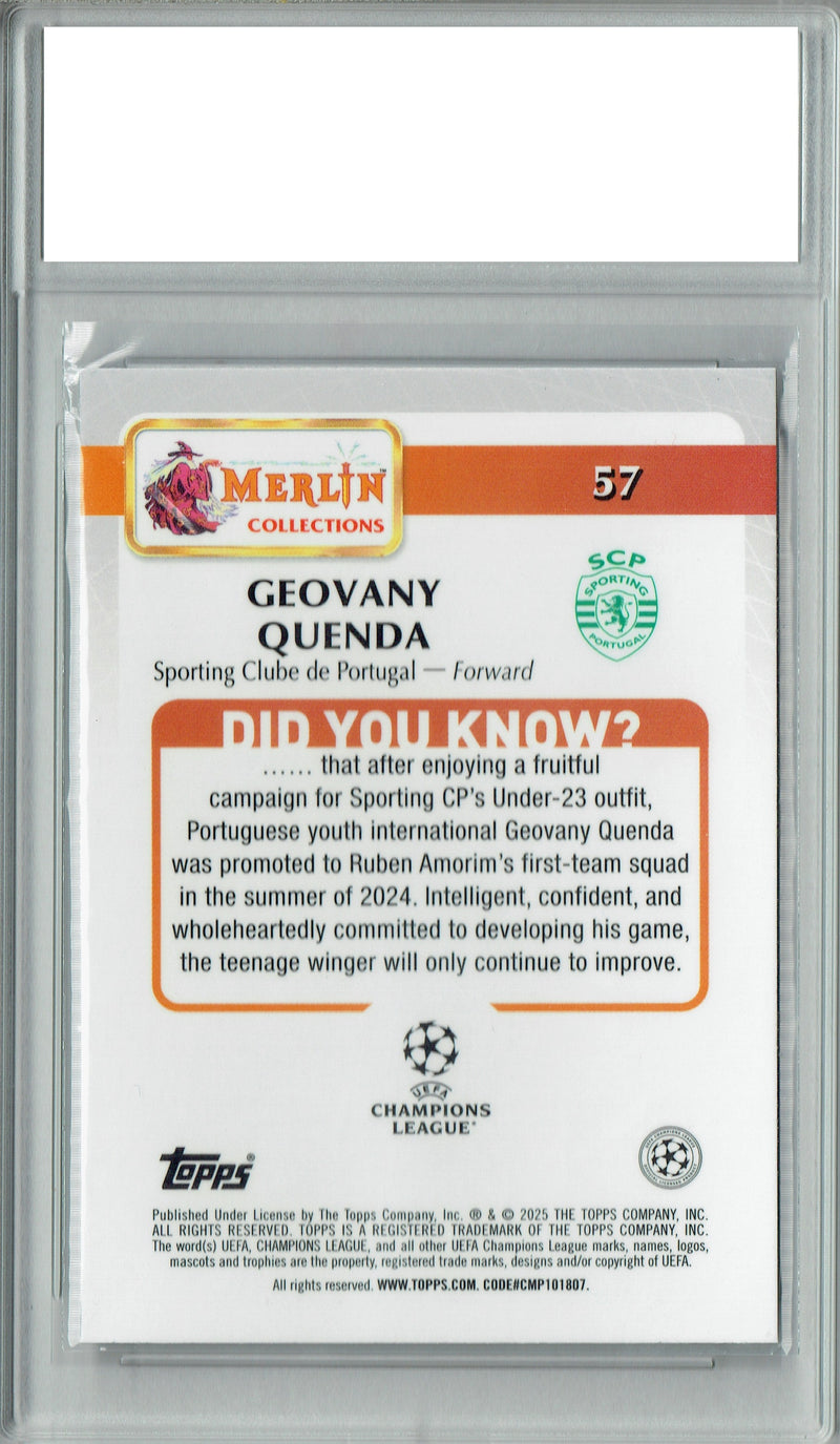 Certified Mint+ Geovany Quenda 2025 Merlin Chrome #57 Portugal Rookie Card Sporting