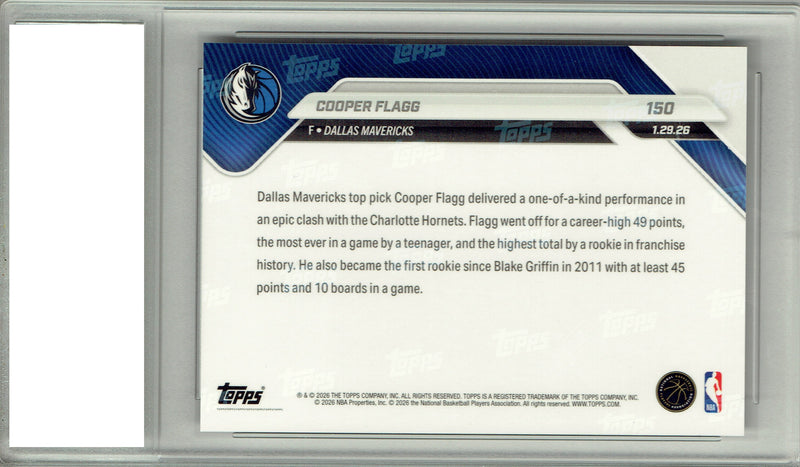 Certified Mint+ Cooper Flagg 2025 Rookie Card #150 49 Pts Dallas Mavericks