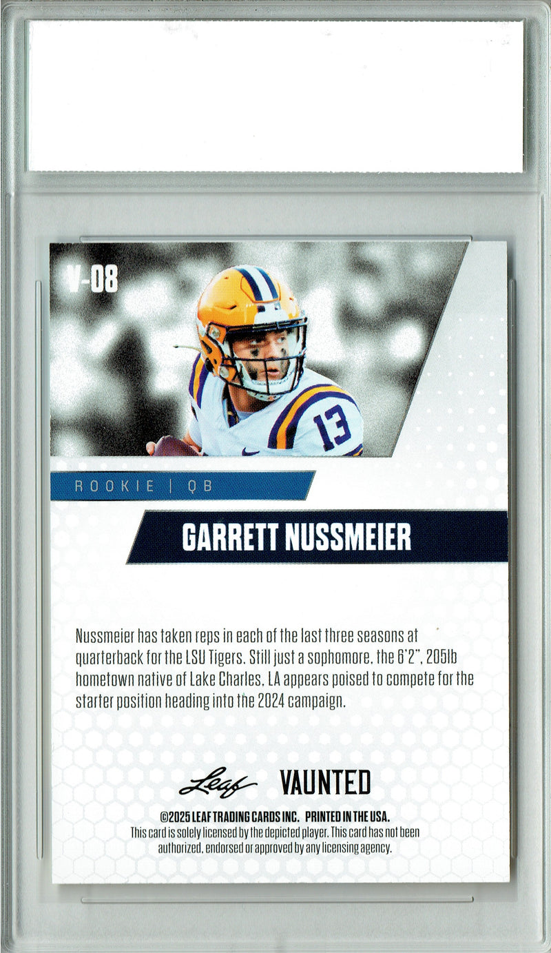 Garrett Nussmeier Rookie Card LSU / Kansas City PGI 10 Football Trading Card 2025 Leaf Vaunted #V-08 Red 5 Made