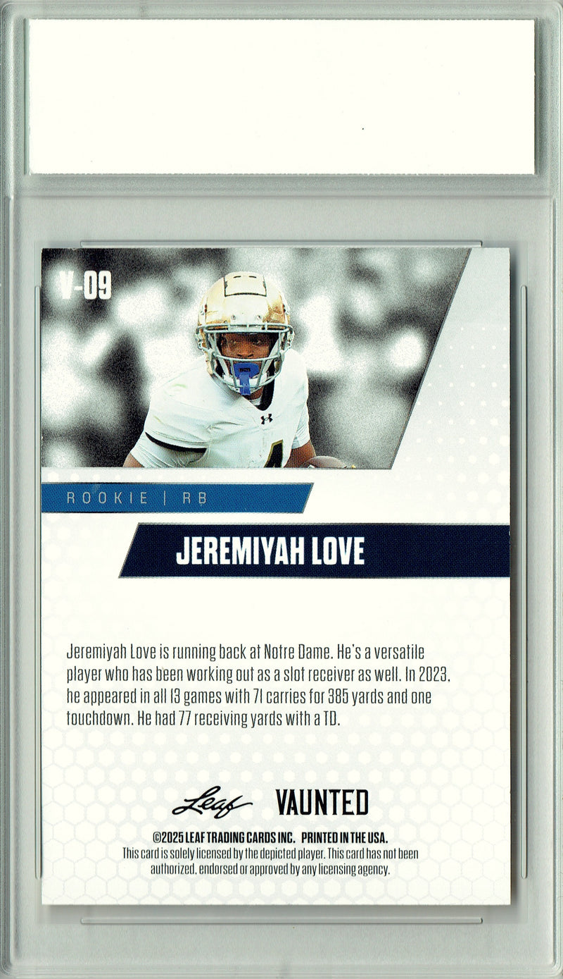 Jeremiyah Love Rookie Card Notre Dame / Arizona PGI 10 Football Trading Card 2025 Leaf Vaunted #V-09 Masterpiece 1 of 1