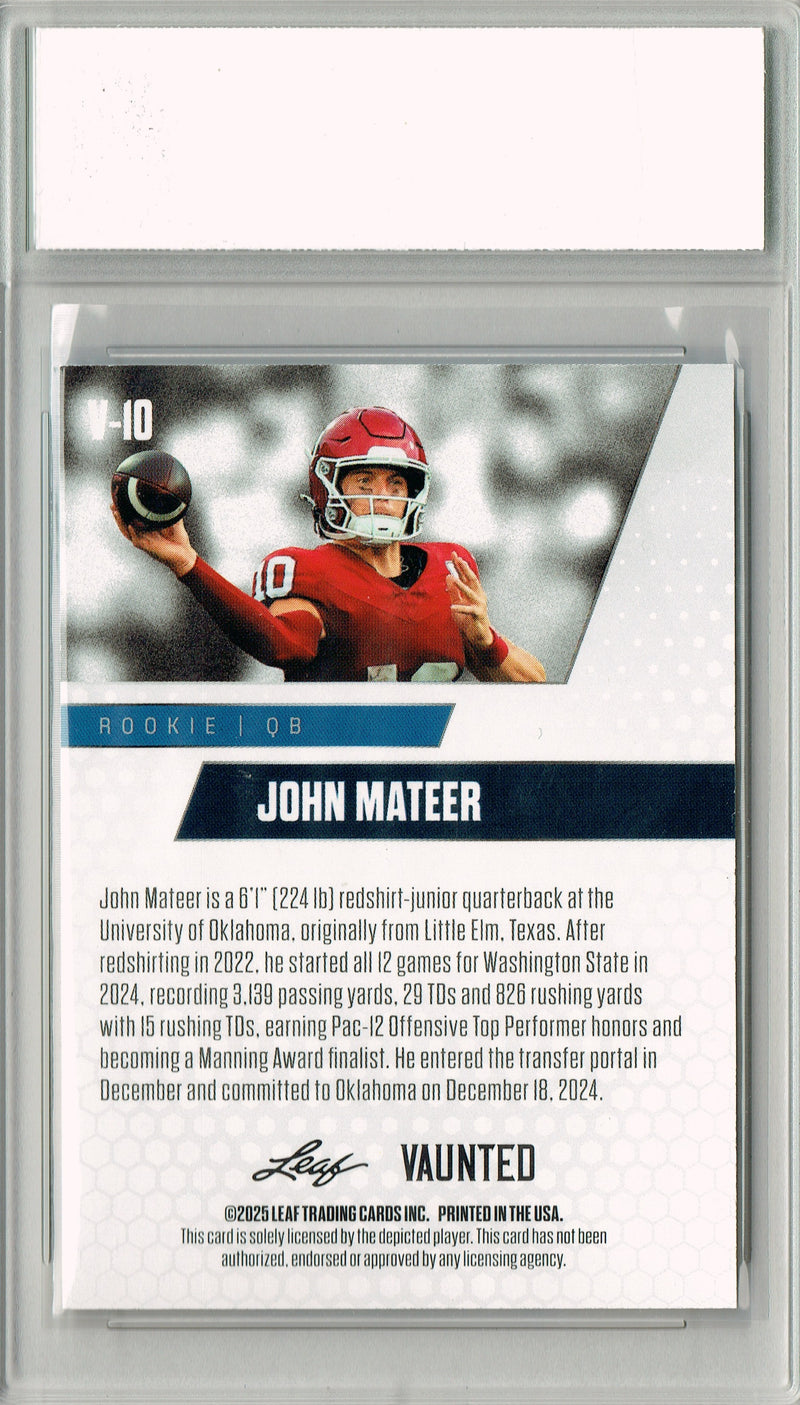 John Mateer Rookie Card Oklahoma Football Trading Card 2025 Leaf Vaunted #V-10 Purple 10 Made  Certified Mint+