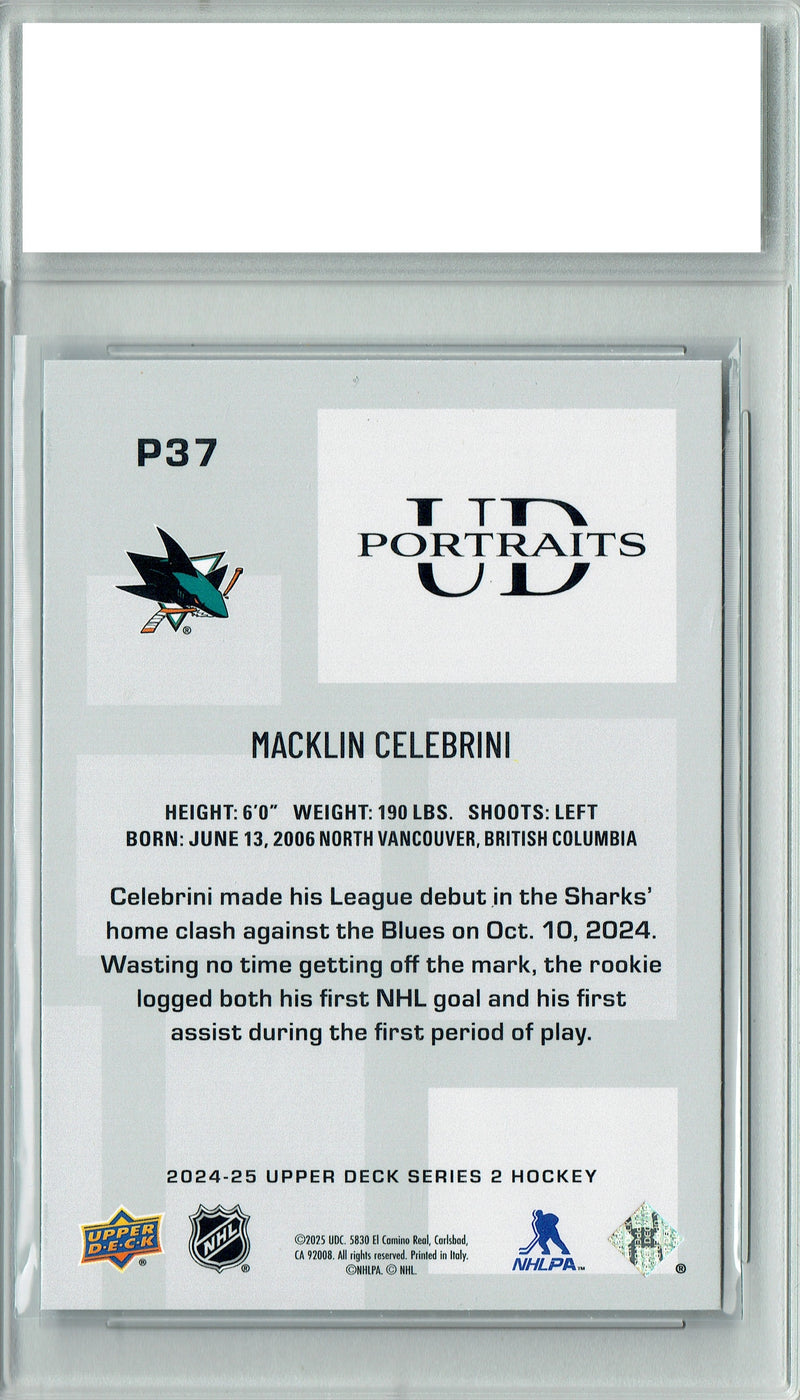 Macklin Celebrini 2024 UD Portraits #P37 Blue Foil Rookie Card PGI 10