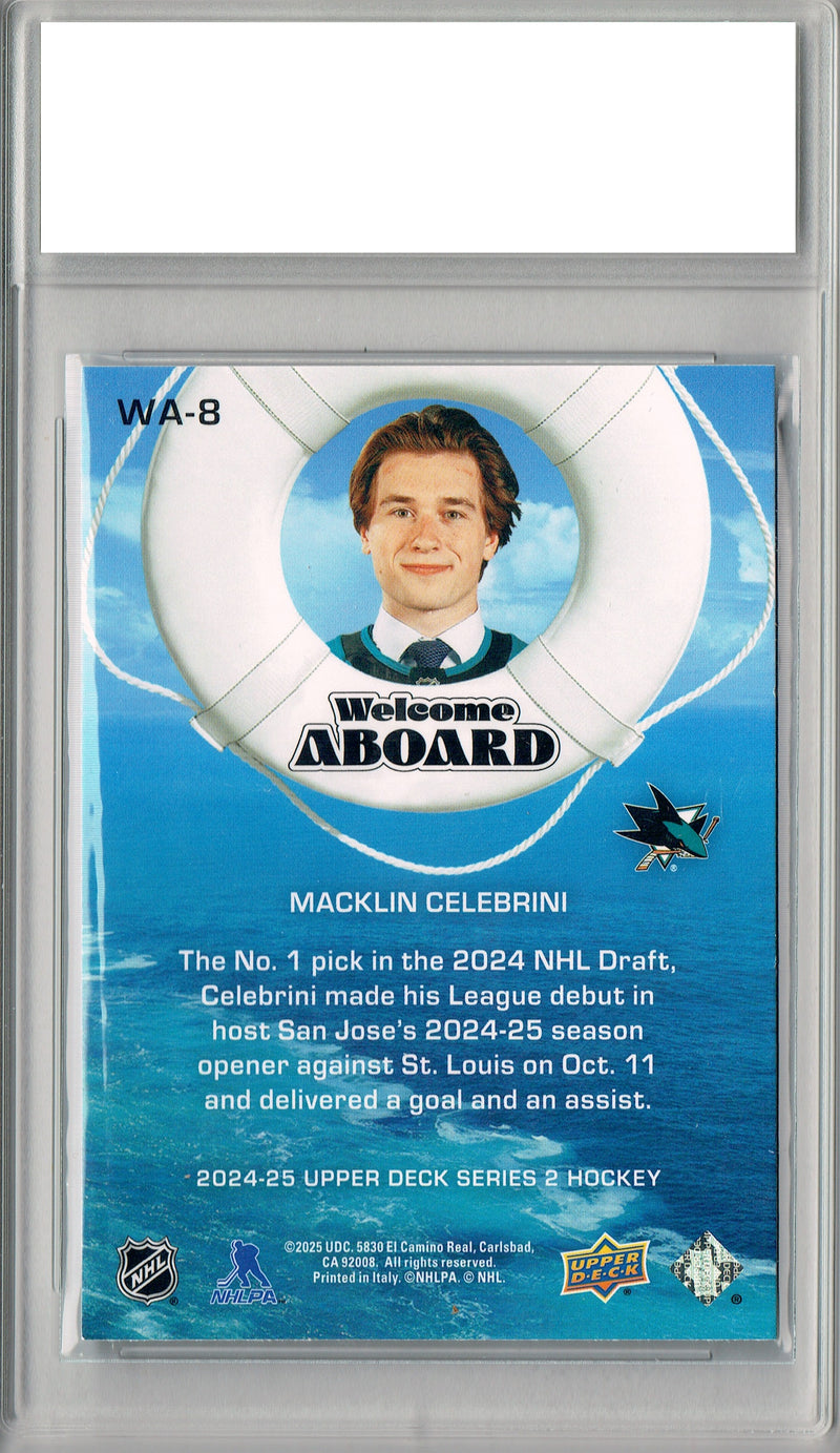 Certified Mint+ Macklin Celebrini 2024 Welcome Aboard #WA-8 U.D. Rookie Card San Jose Sharks