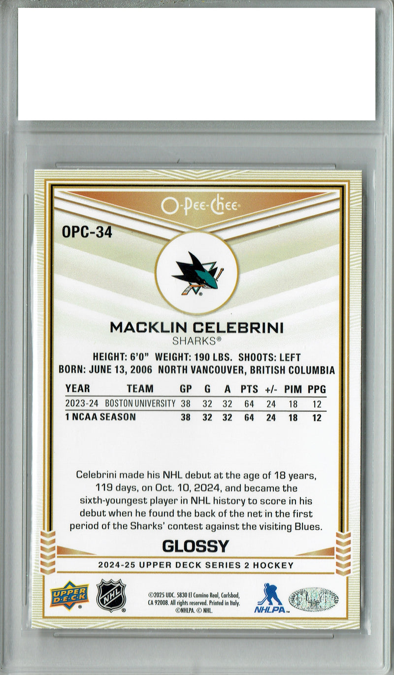 Macklin Celebrini 2024 O-Pee-Chee #OPC-34 Glossy Rookie Card PGI 10