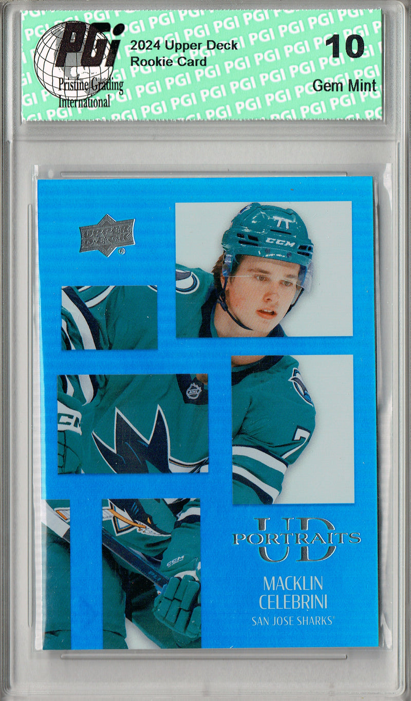 Macklin Celebrini 2024 UD Portraits #P37 Blue Foil Rookie Card PGI 10