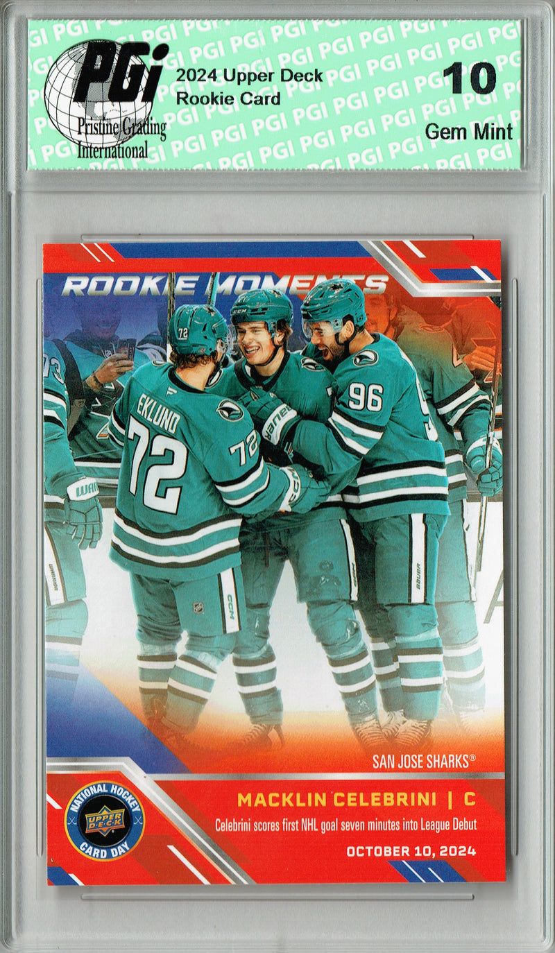 Macklin Celebrini 2024 National Hockey Card Day #NHCD-31 Rookie Moments Rookie Card PGI 10