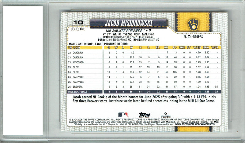Jacob Misiorowski 2026 Topps #10 Rookie Card PGI 10