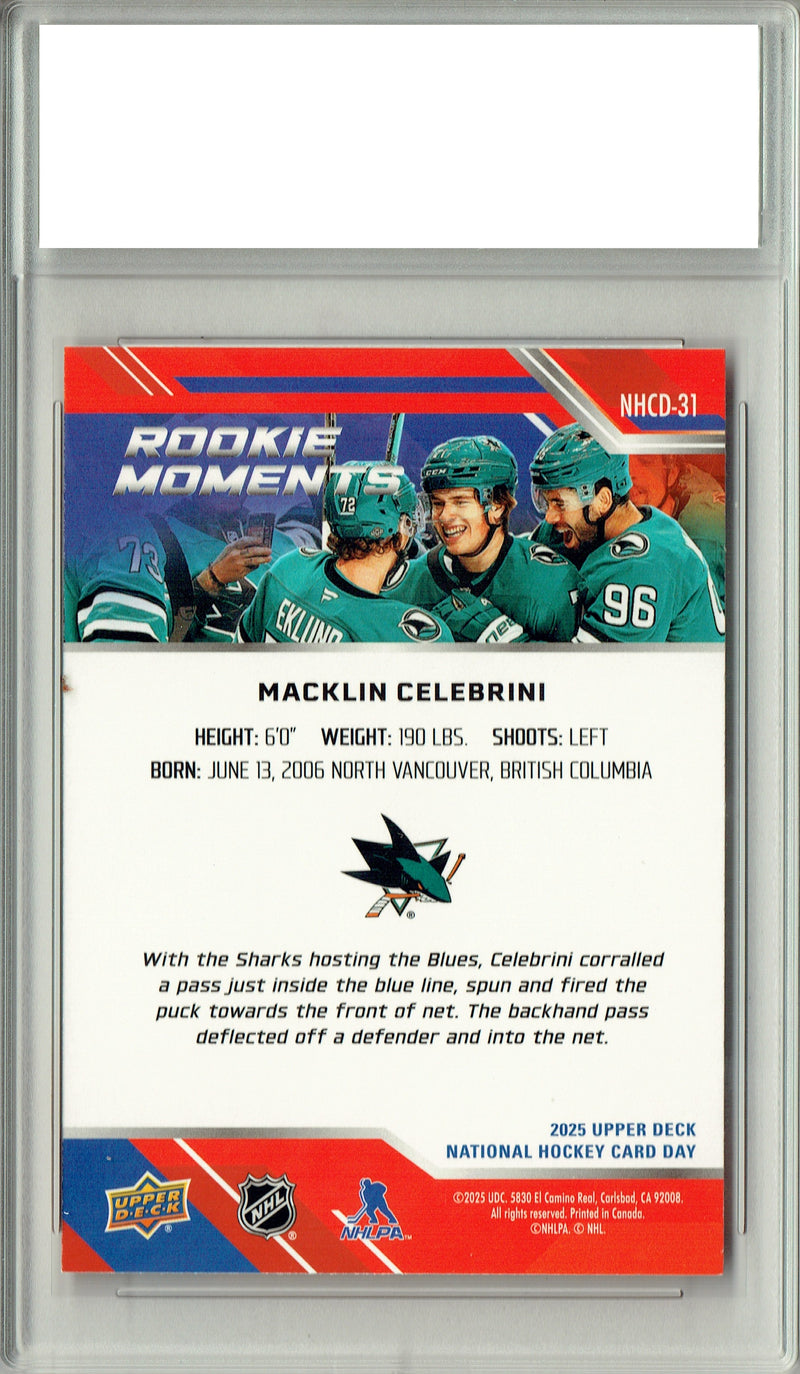 Macklin Celebrini 2024 National Hockey Card Day #NHCD-31 Rookie Moments Rookie Card PGI 10