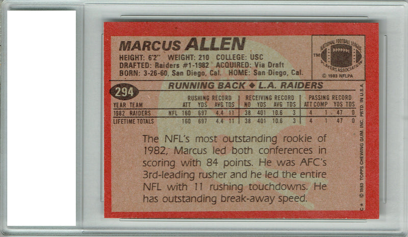 Marcus Allen 1983 Topps #294 Hall of Fame Rookie Card PGI 10