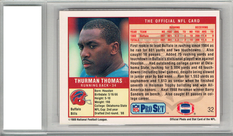 Thurman Thomas 1989 Pro Set #32 Hall of Fame Buffalo Bills Rookie Card PGI 10