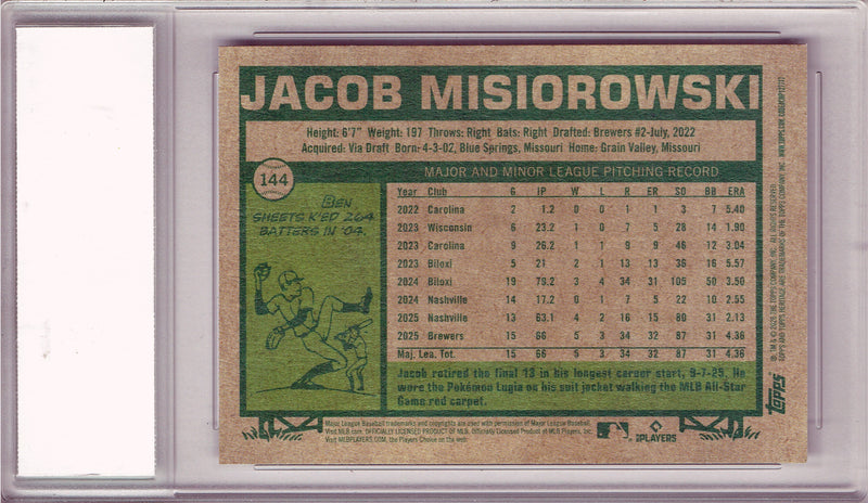 Jacob Misiorowski 2026 Topps Heritage #144 Rookie Card PGI 10