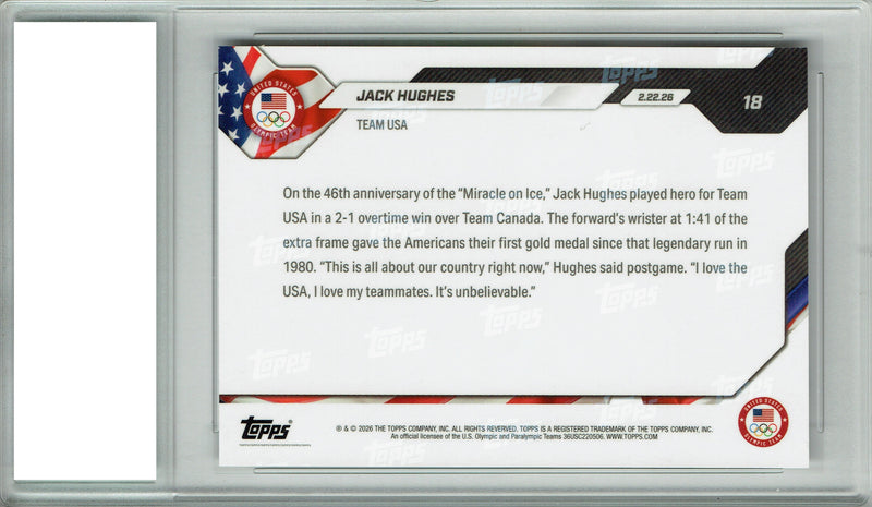 Certified Mint+ Jack Hughes 2026 Olympic Gold Card #18 Team USA Wins on Golden Goal