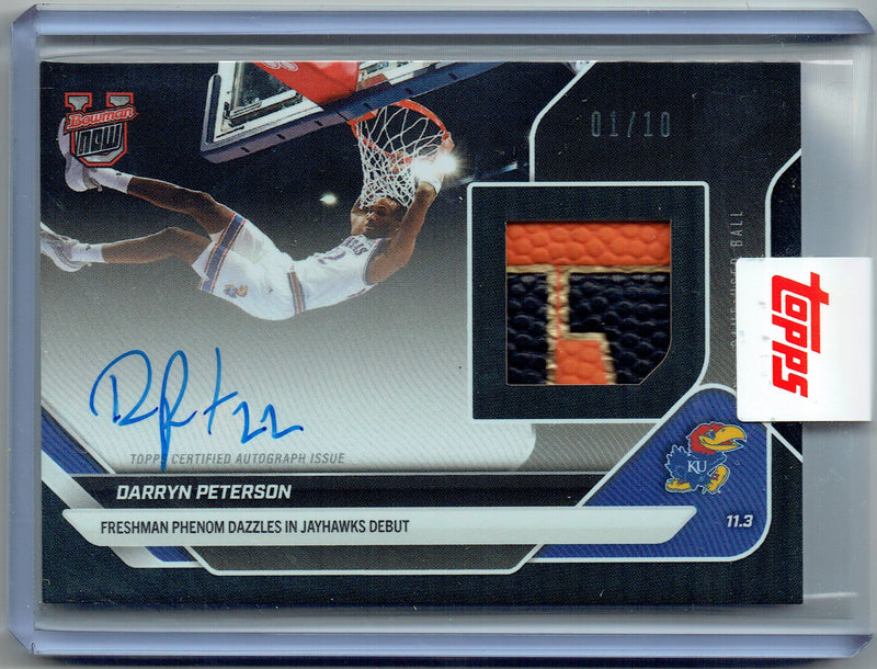 Mint Darryn Peterson 2025 Bowman University Now #28 Black Ball Relic On Card Auto #1 of 10 Rookie Card Kansas Jayhawks